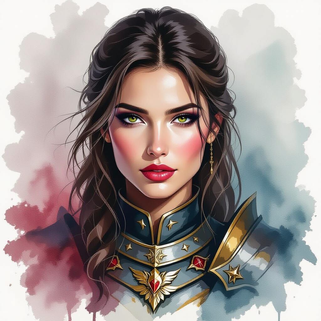 Ink Wash Portrait of a Brown-Haired Female Warrior