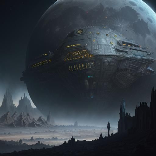 Futuristic Moon City with Starship in Space