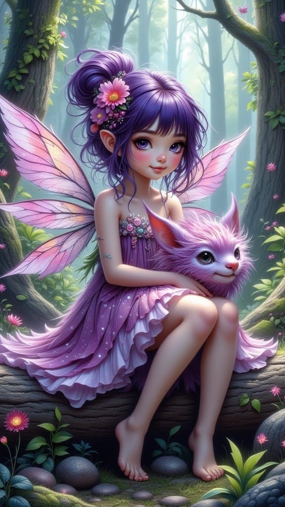 Winged Fairy with Dragon in Whimsical Forest