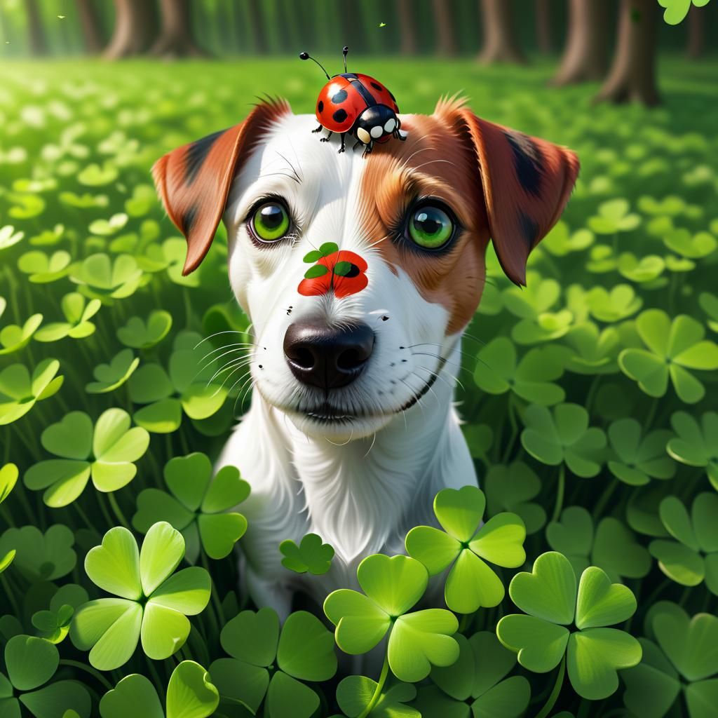 Jack Russell Terrier in Clover Field with Ladybug