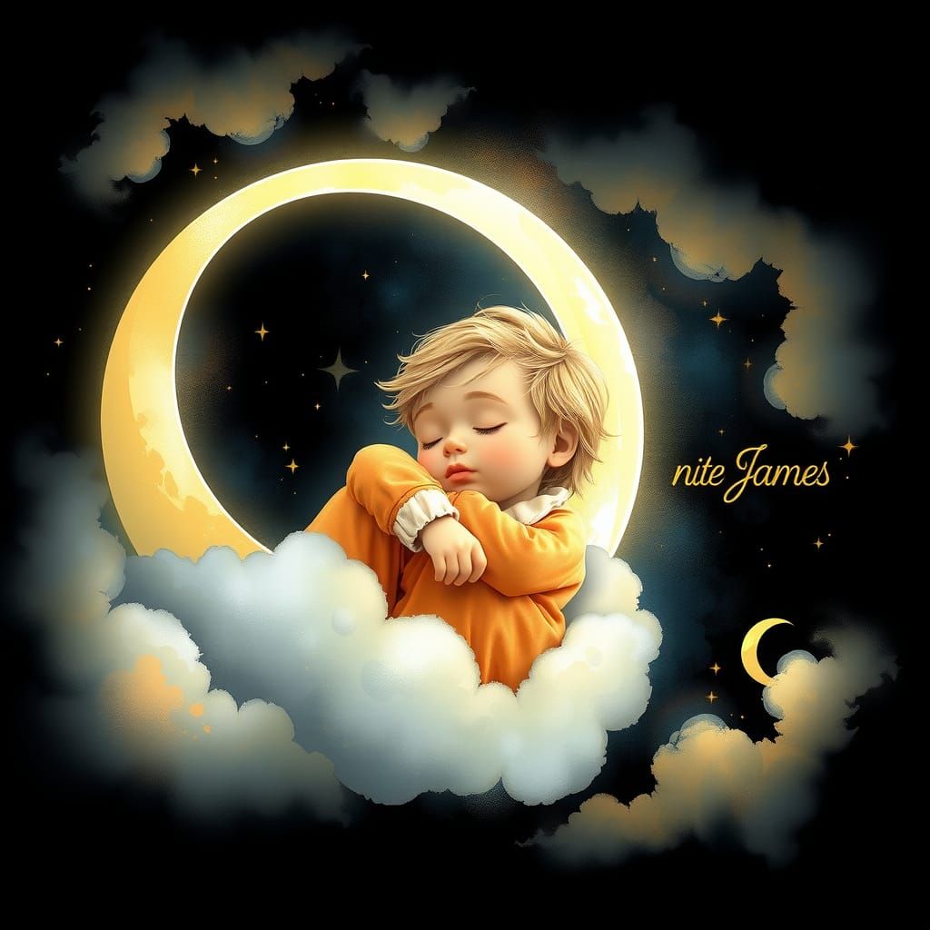 Boy on Moon in Watercolor Style