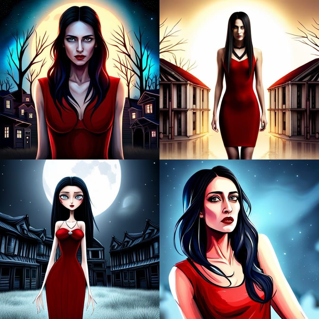 Creepy Woman in Crimson Dress: a Dark Art Portrait