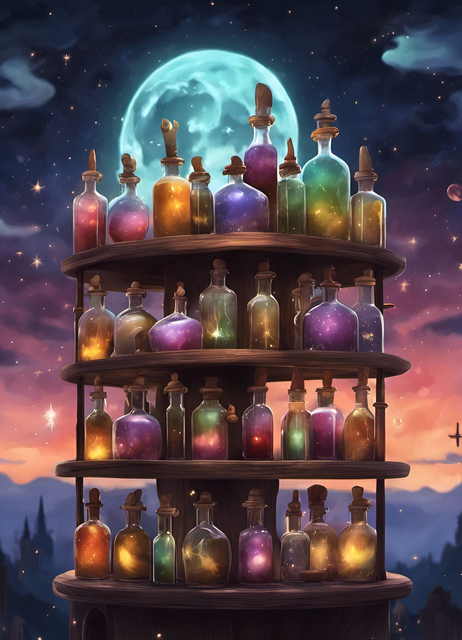 Enchanted Potion Rack Radiating Magical Glows