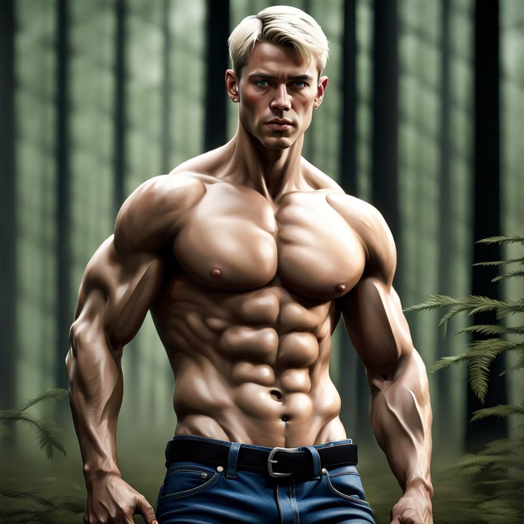 Muscular Man with Six Pack Abs in Dark Forest