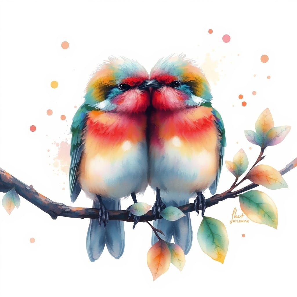 Surreal Whimsical Lovebirds in Vibrant Pastel Art