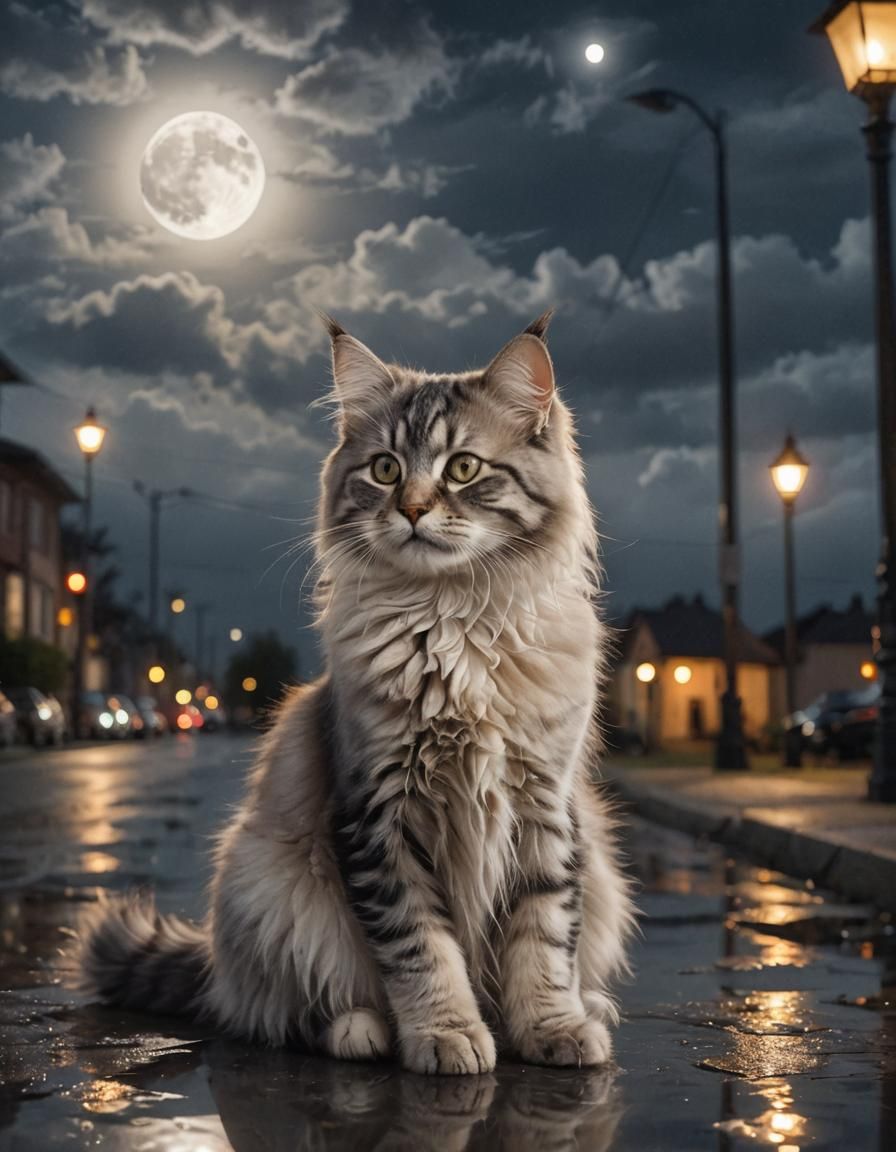 Moonlit Kitten Under Streetlight Reflection, Photorealistic