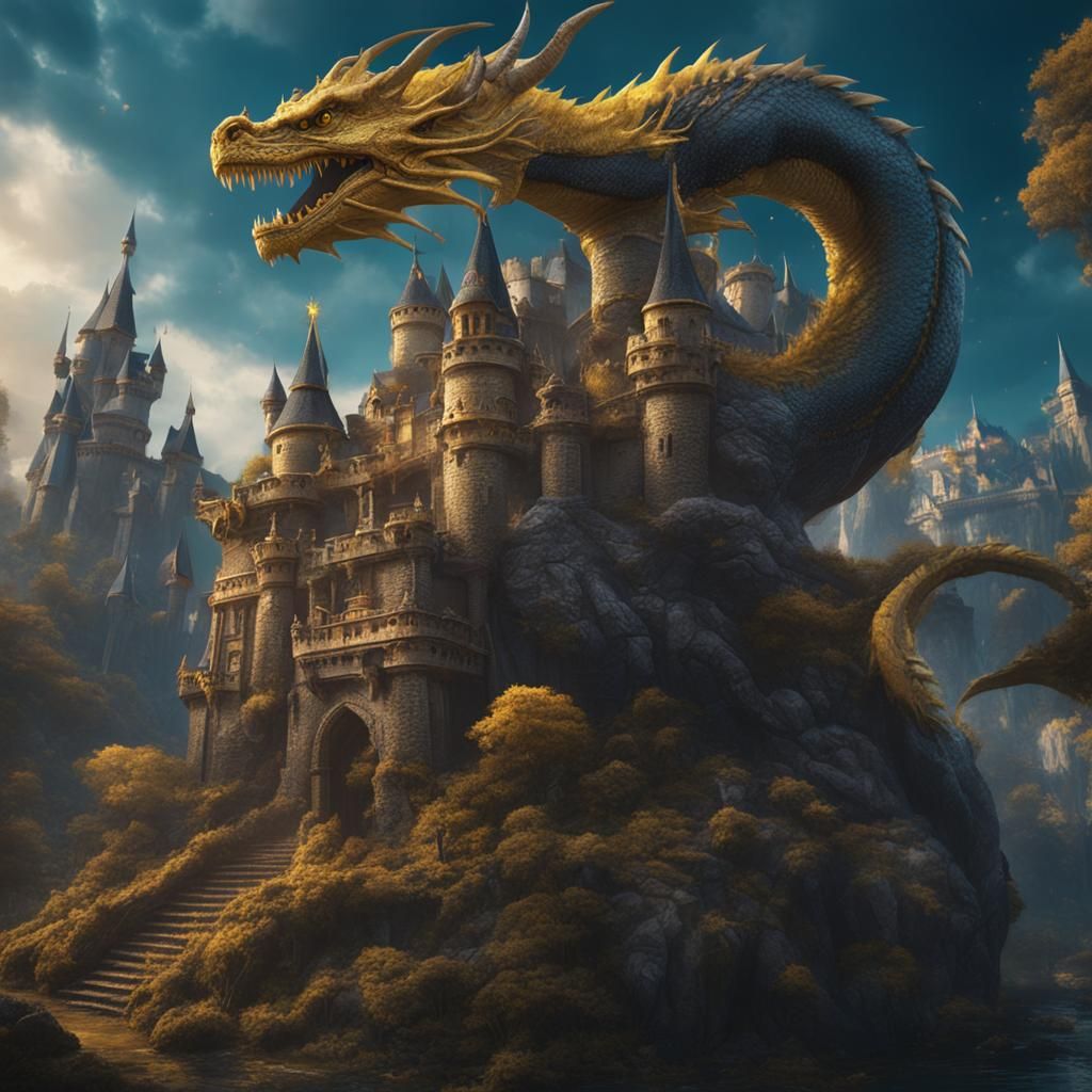 Hyperrealistic Dragon Protecting Fantasy Castle