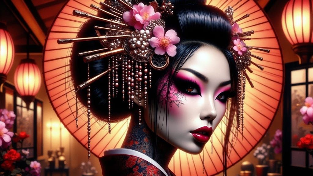 Geisha Portrait with Papercraft and Zentangle Shading