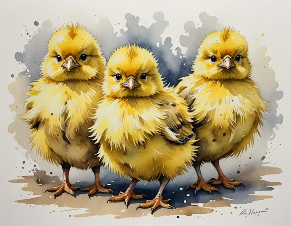 Delicate Edwardian Watercolour Sketch of Yellow Chicks