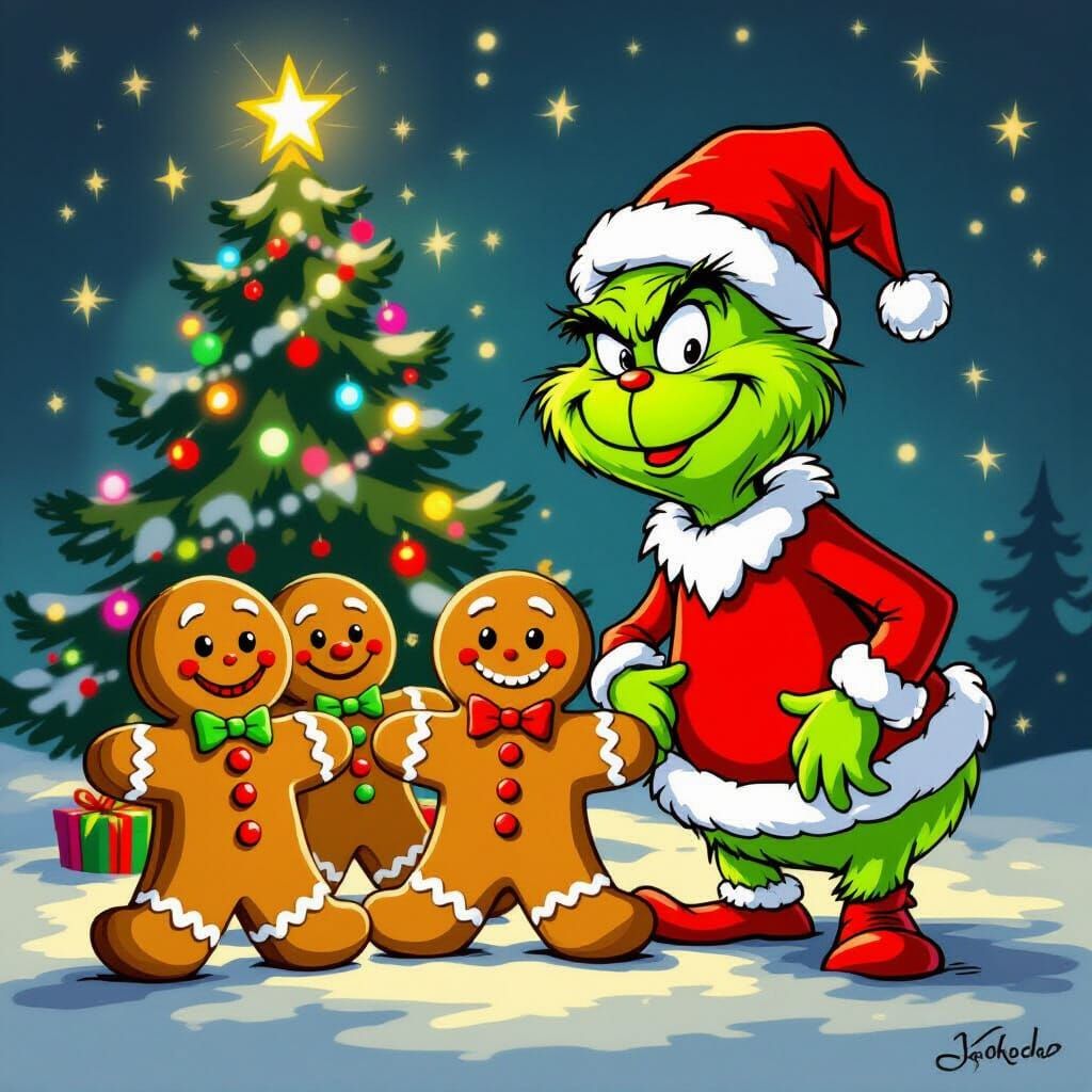 Grinch and Gingerbread Men in Storybook Style
