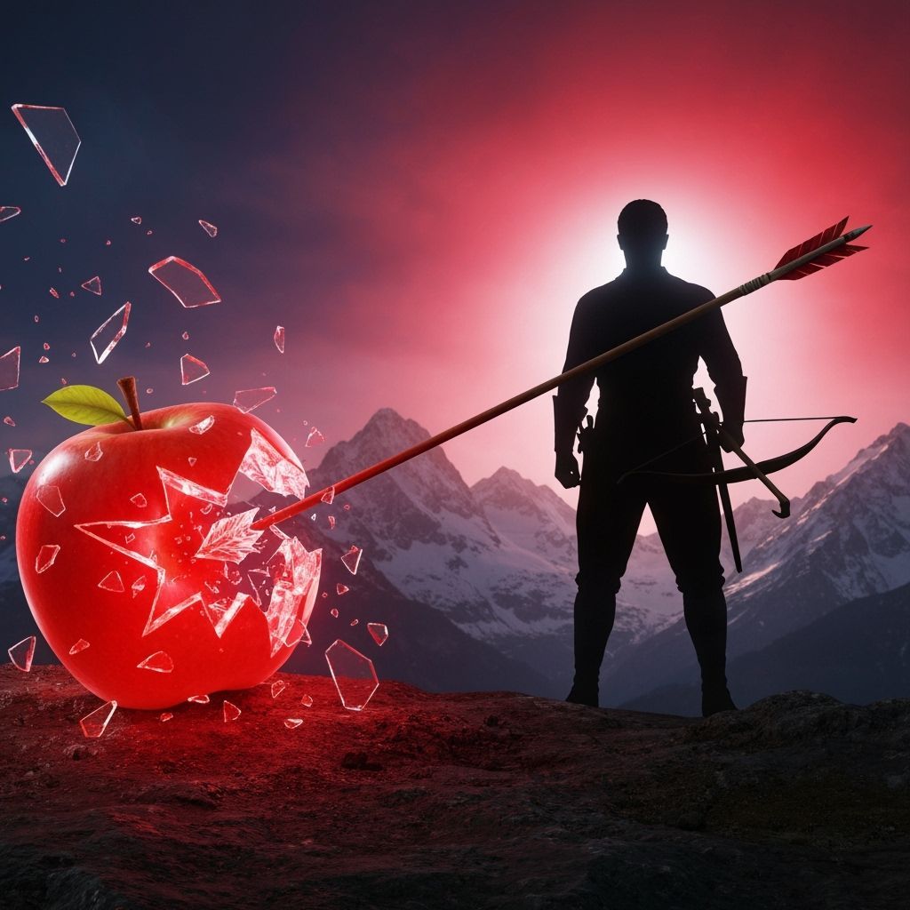Wilhelm Tell Shatters Apple in Dynamic Swiss Mountain Scene