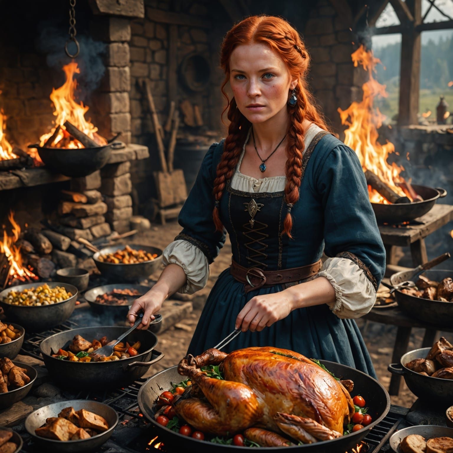 Pilgrim Woman Cooking Turkey in 1621: Detailed Matte Paintin...