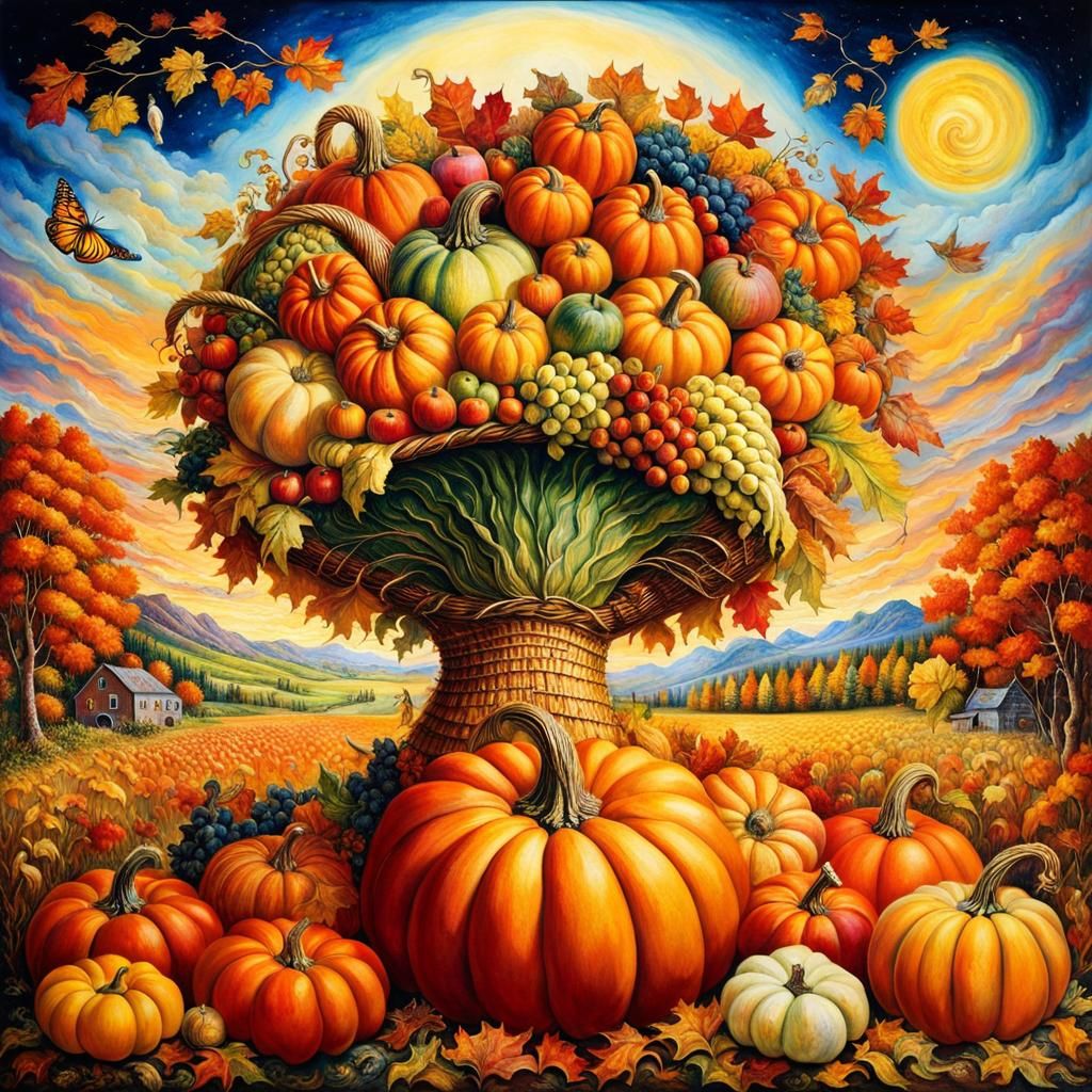 Bountiful Autumn Harvest Cornucopia, Mixed Media Style
