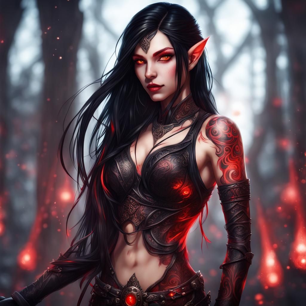 Alluring Dark Elf with Red Tattoos and Glowing Eyes