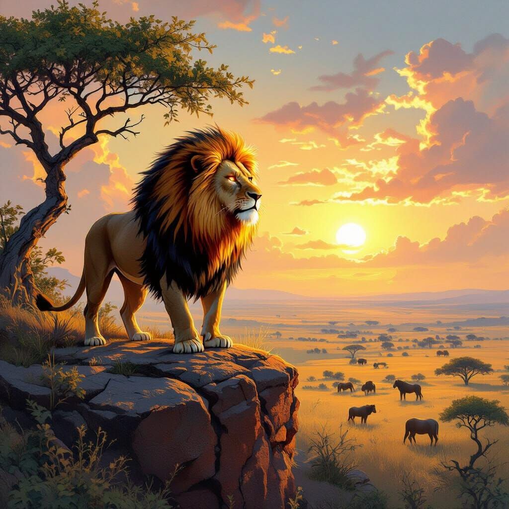 Majestic Lion with Fiery Mane Overlooking Savannah