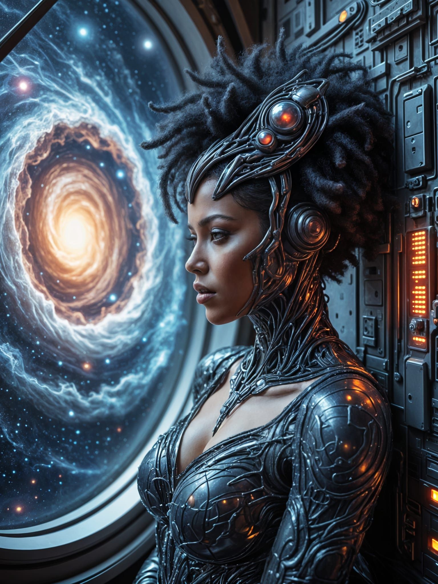 Cyberpunk Queen Contemplates Cosmic Horizon