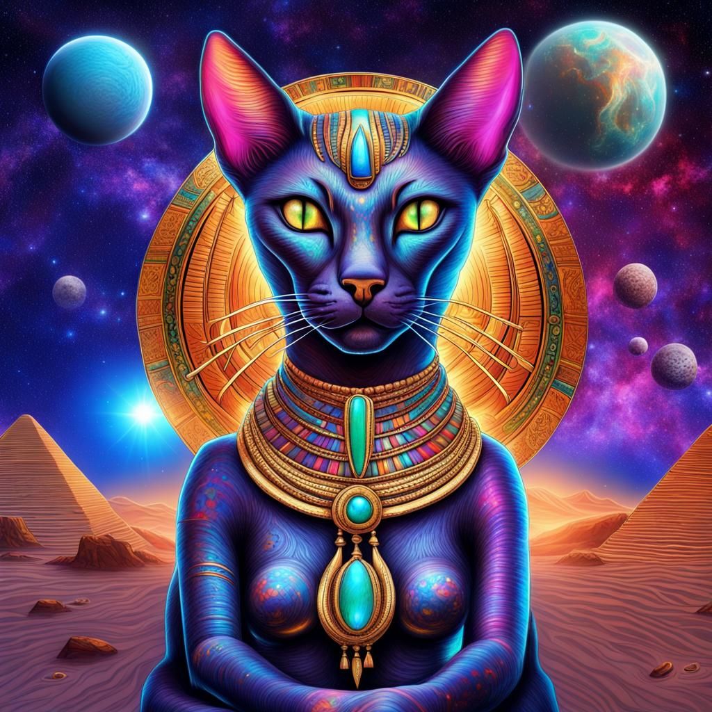 Bastet in Space: Holographic Astral Illustration