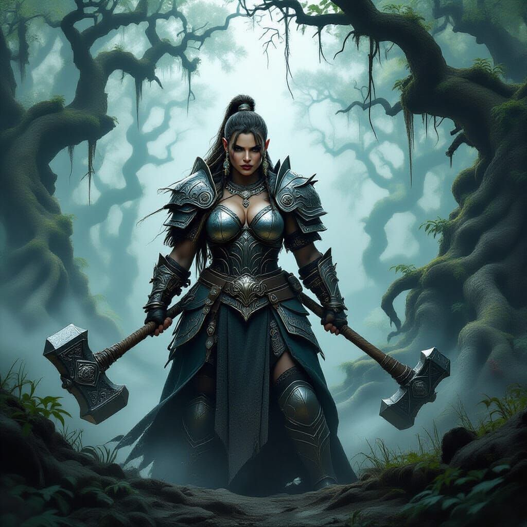 Dwarf Warrior at Forest Edge in Dark Fantasy Style