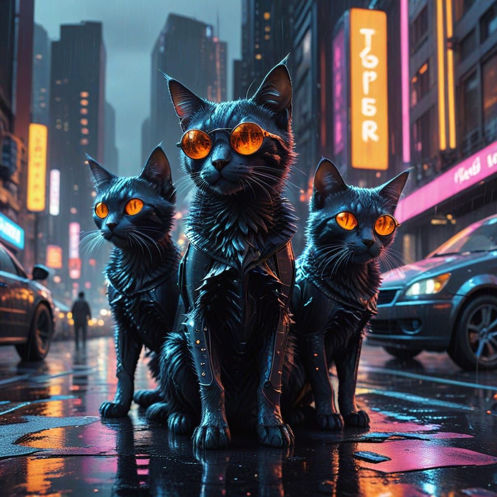 Cyberpunk Whimsy: Tokyo Cats Gather Around a Glimmering Card...