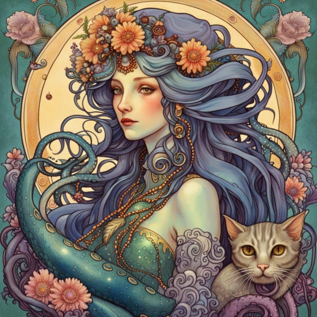 Octopus Mermaid Queen in Renaissance Art Nouveau Style