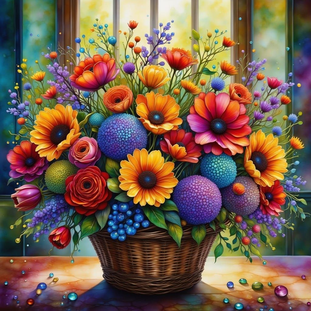 Basket Overflowing with Colorful Flowers