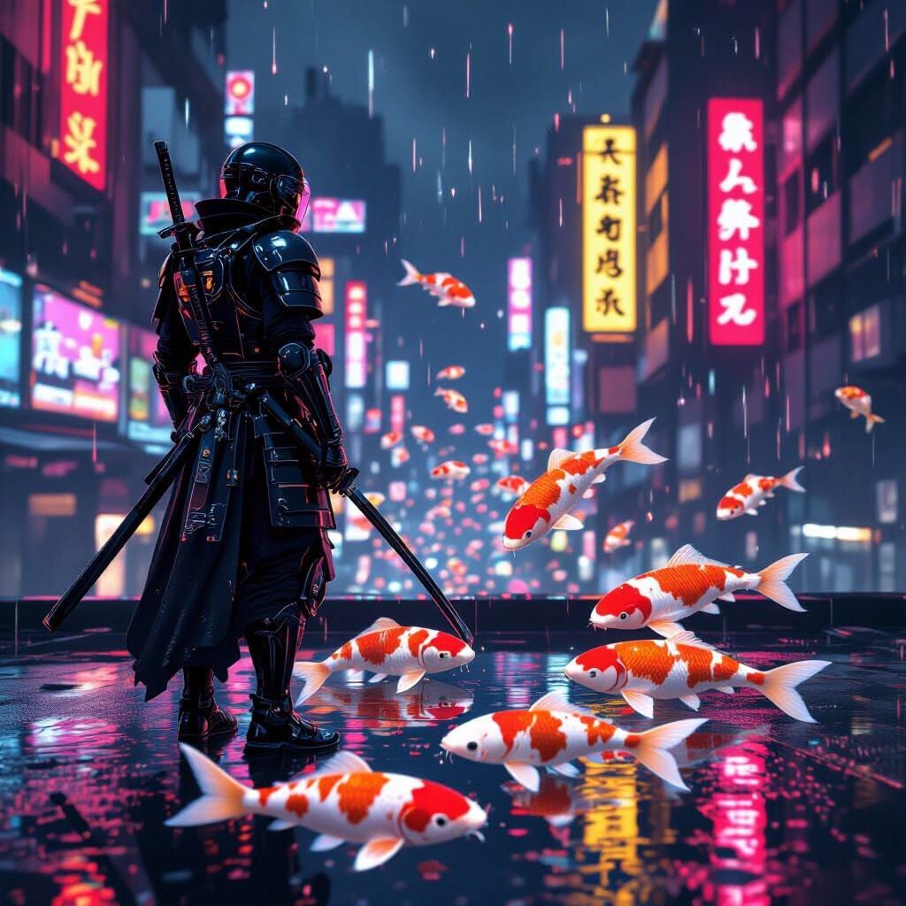 Futuristic Samurai in Neon Tokyo, Digital Art
