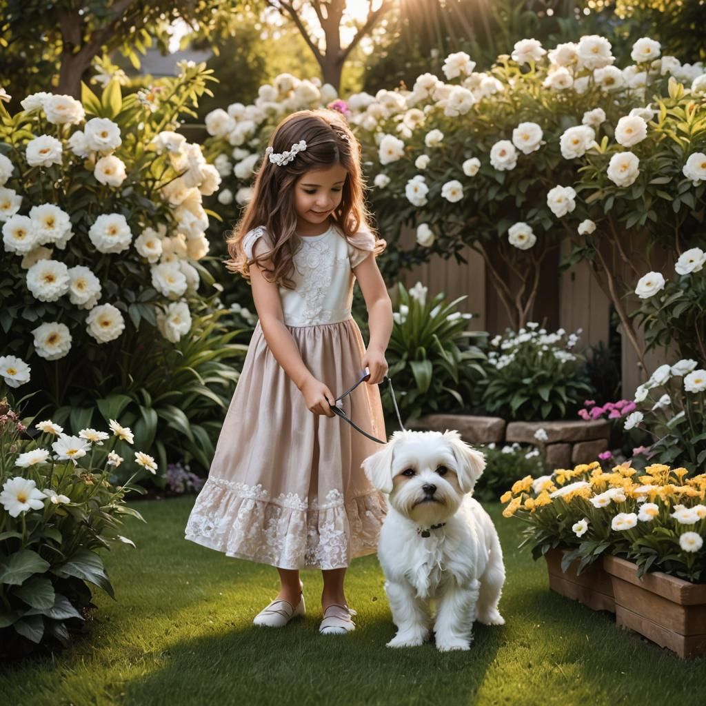 Girl and Dog Playing in Sunny Backyard