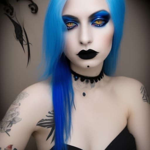 Gothic young lady with cobalt blue hair with crimson red highlights& Black highlights& sapphire blue eyes& smoky black e...