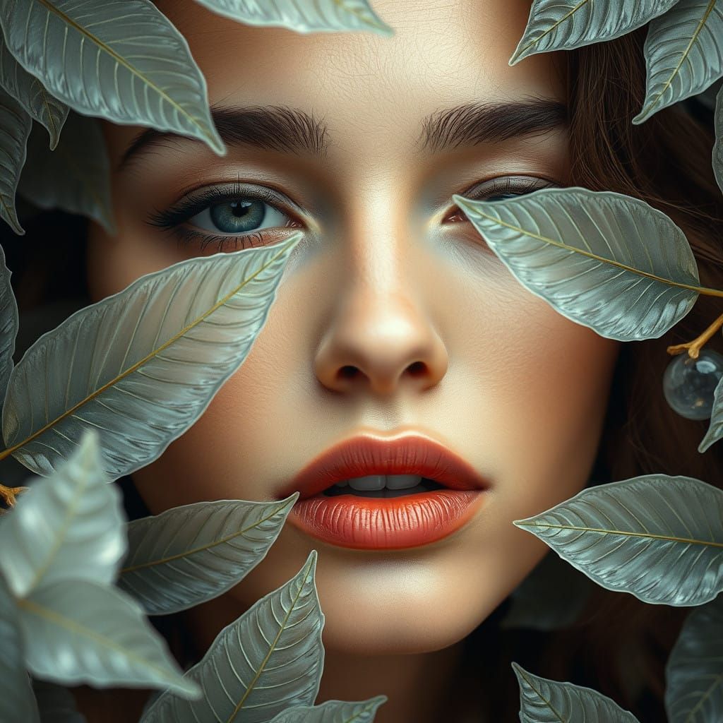 Surreal Close up Portrait of a Woman in a Glass Garden