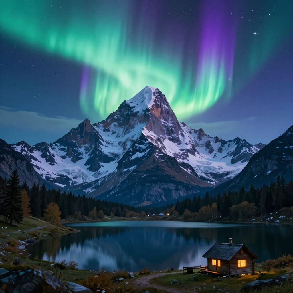 Majestic Mountain Aurora Reflection with Cozy Cabin