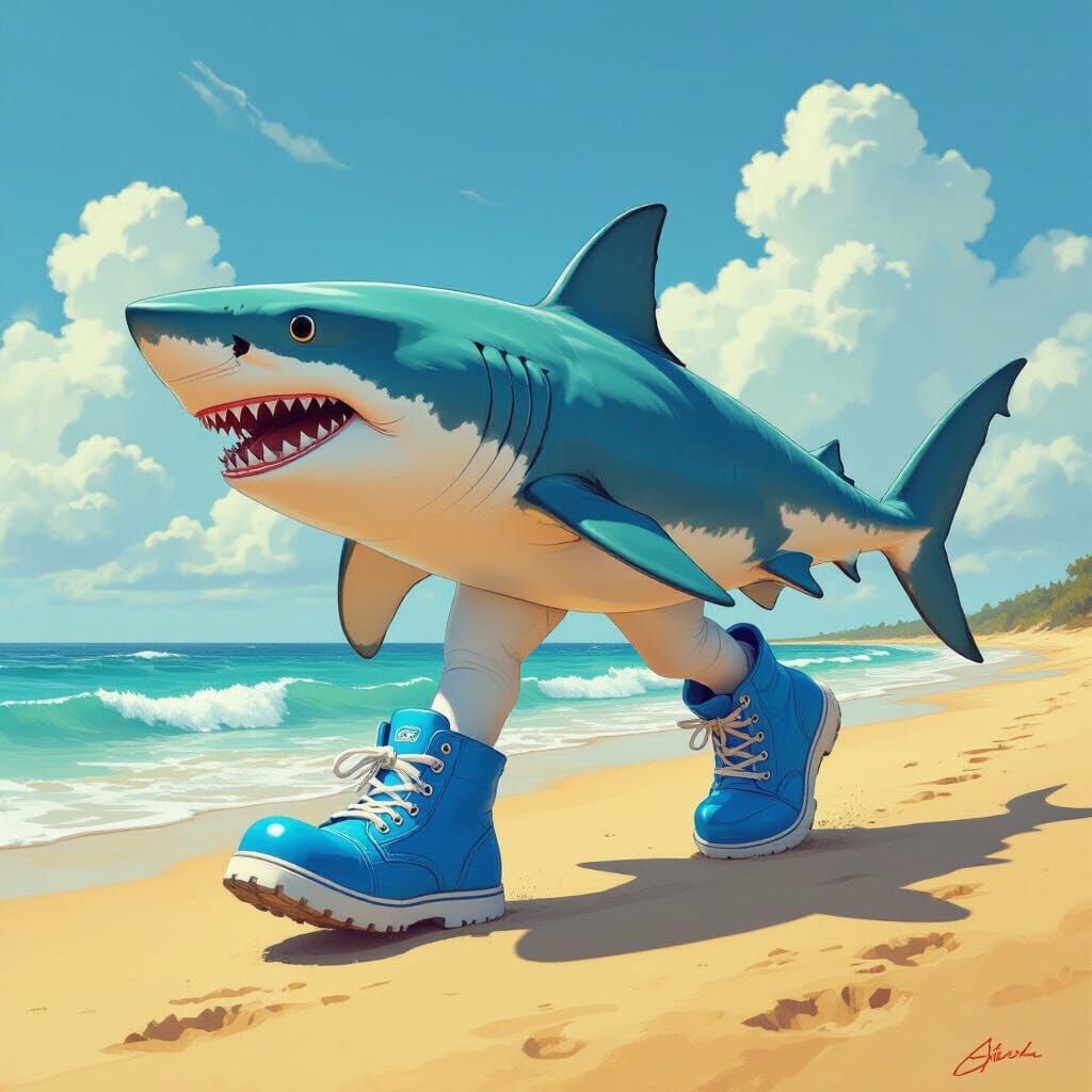 Shark with Blue Shoes Walks on Beach
