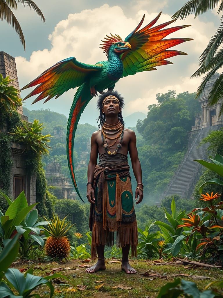 Mayan Shaman and Quetzalcoatl in Mystic Landscape