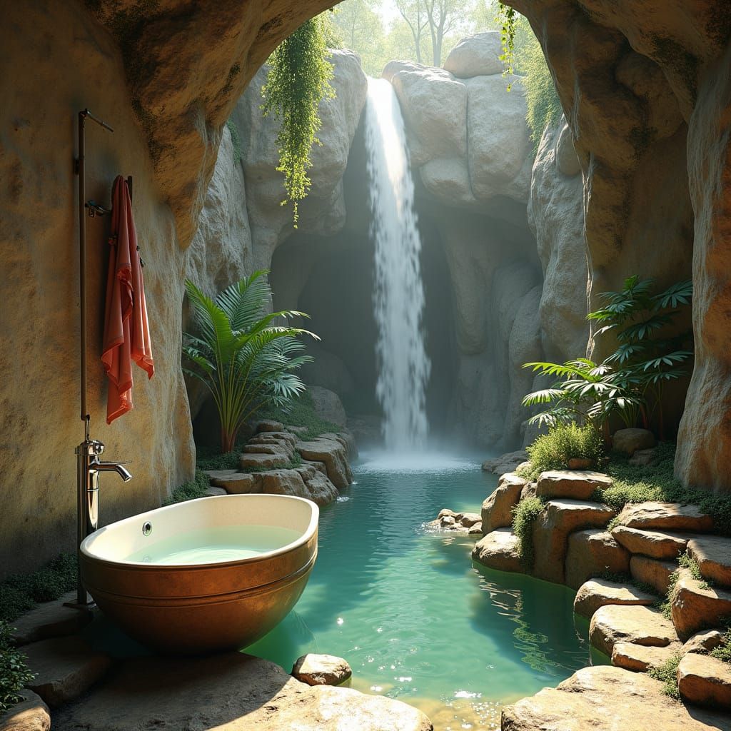 Boho Elven Bathroom with Natural Spring Waterfall