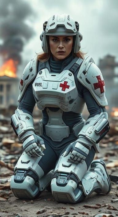 Futuristic Combat Medic in War-Torn Cityscape
