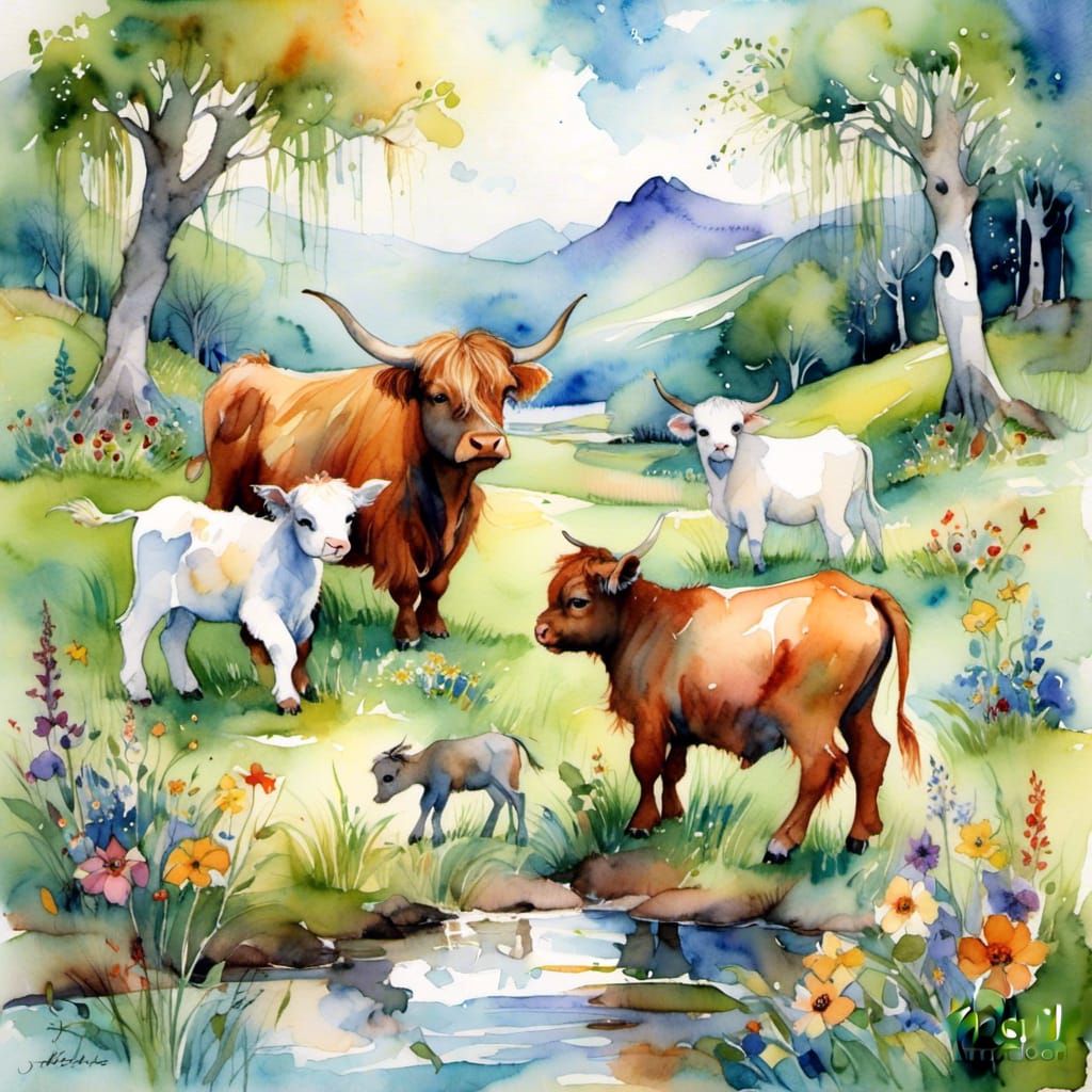 Watercolor Calves and Goats Frolicking in Meadow