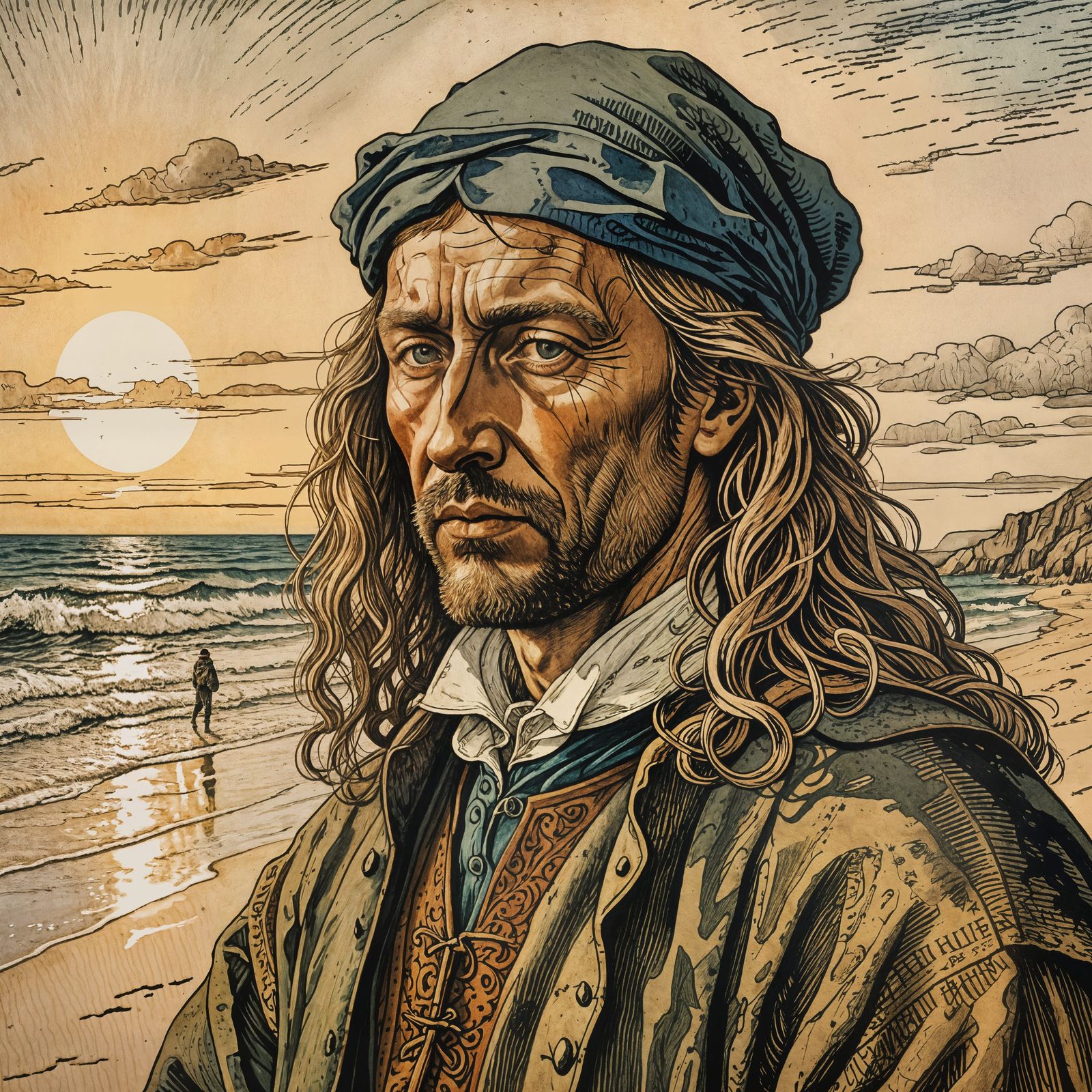 Beach Portrait in Renaissance Woodcut Style