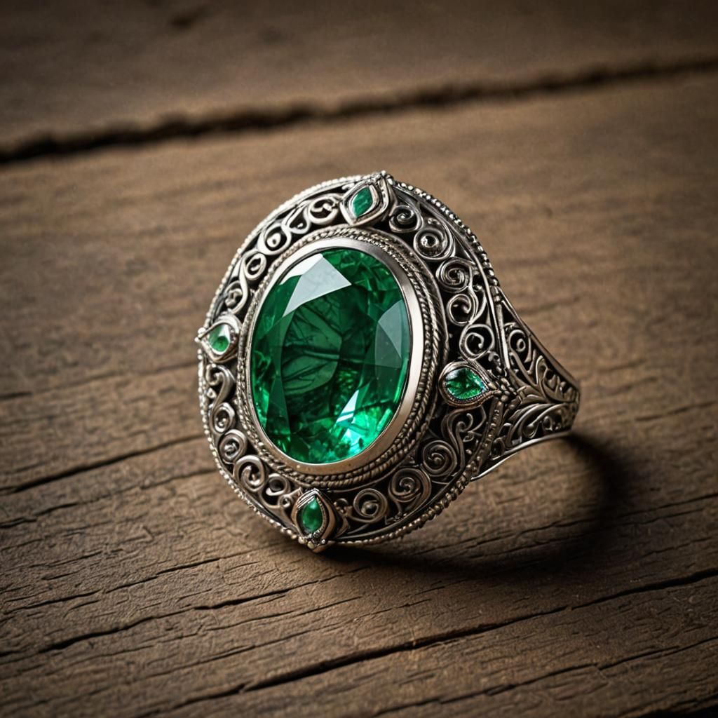 Intricate Emerald Jewel with Silver Rings