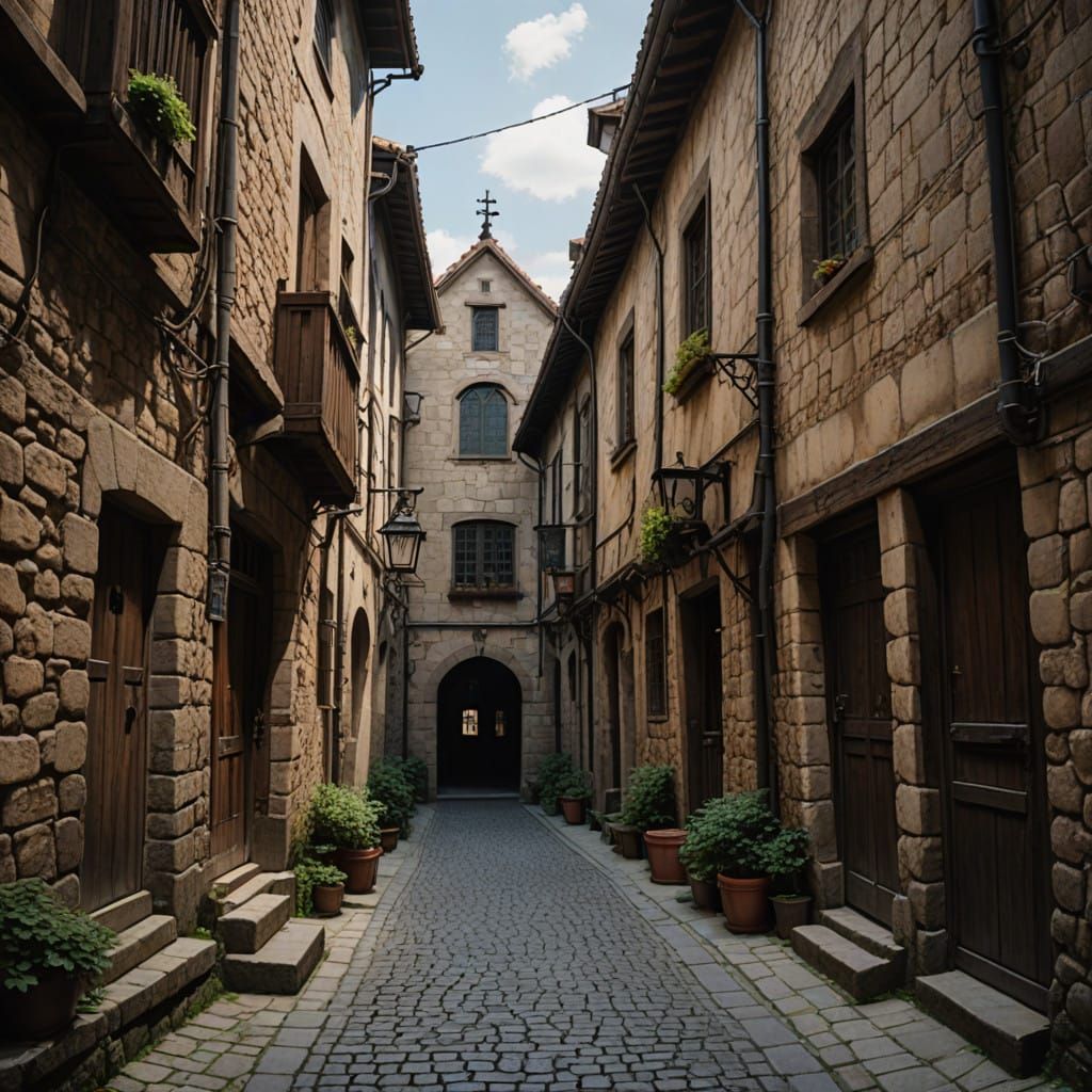 Medieval Street Scene in Narrow Alleyway