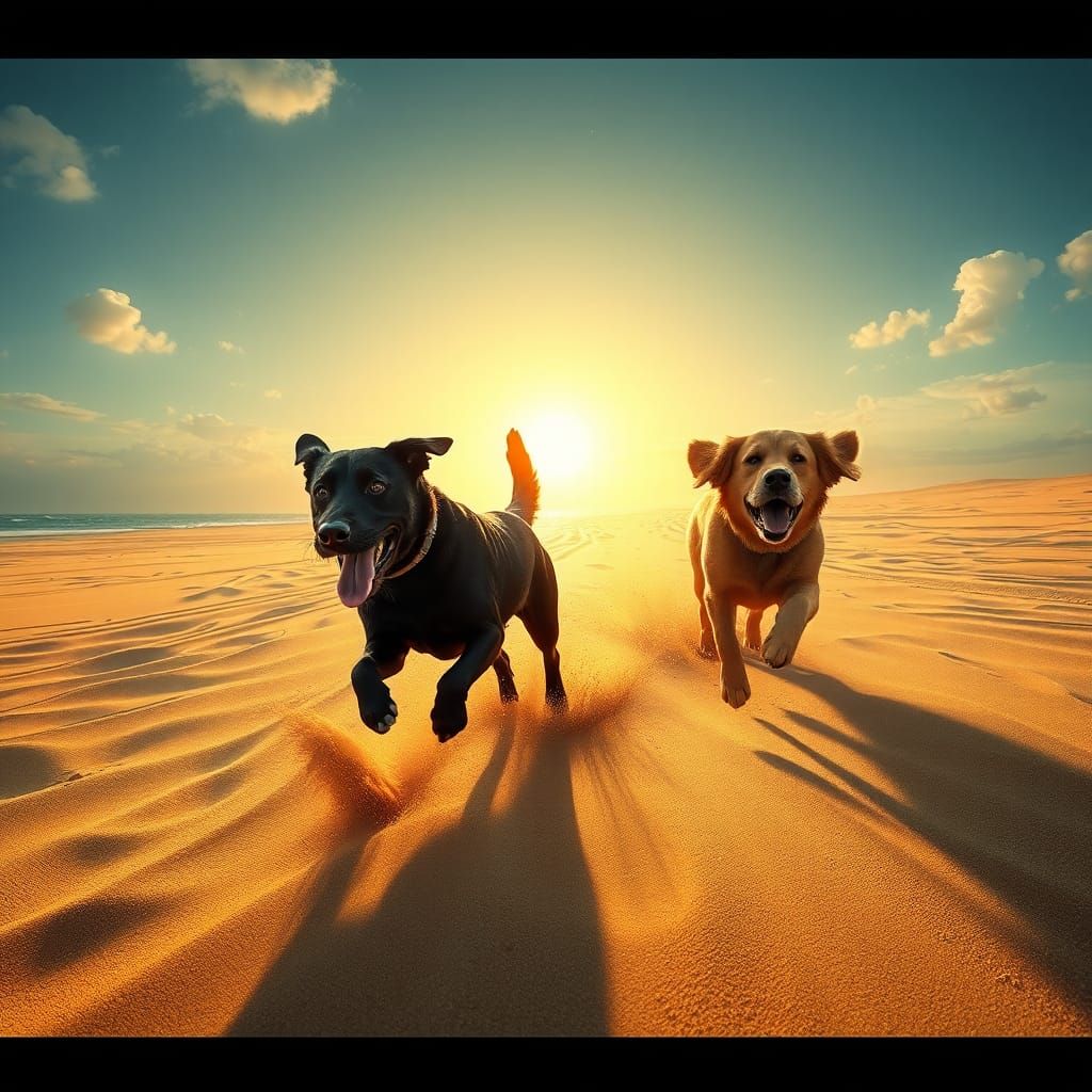 Dogs Racing on Beach in Fantasy Style