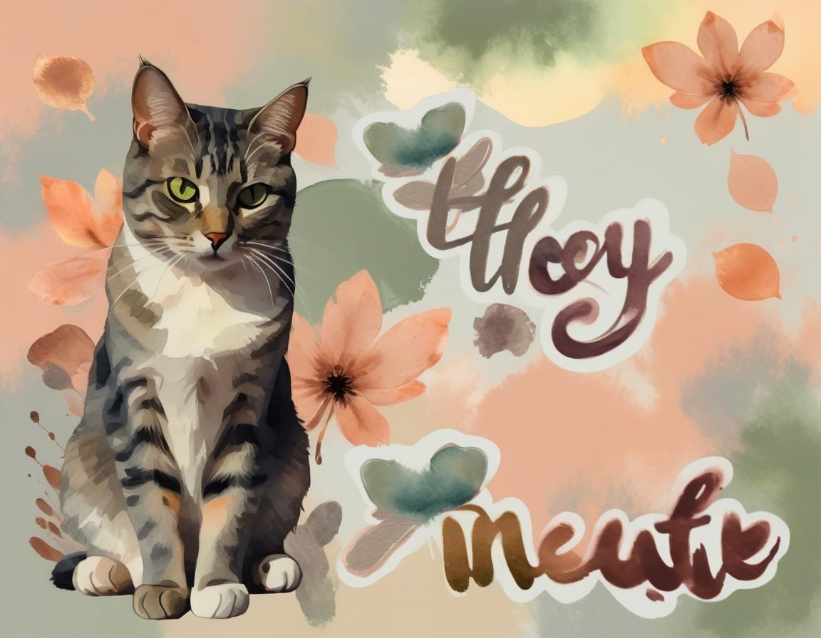 Dreamy Tabby Cat in Pastel Watercolor Landscape