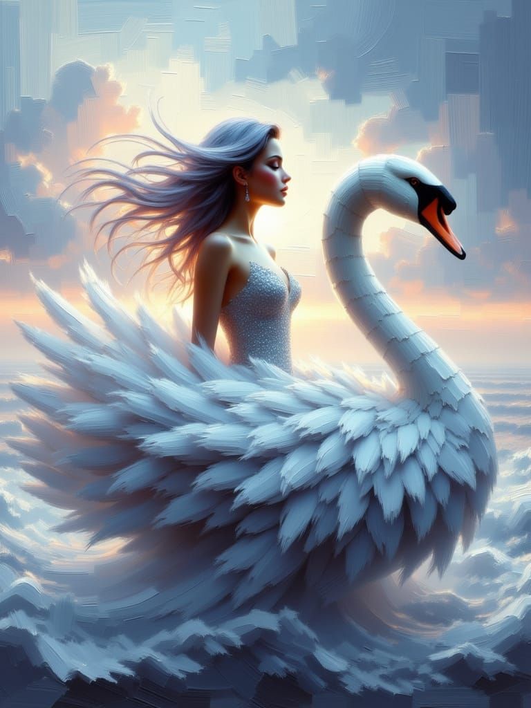 <lora:BeautyStrokesV2:1.0> 
brush strokes 

 She rides a mechanical swan through an opaline sky, her dress made of feath...