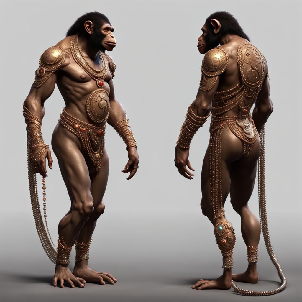 Humanoid Ape with Jeweled Tail in Dark Fantasy Style