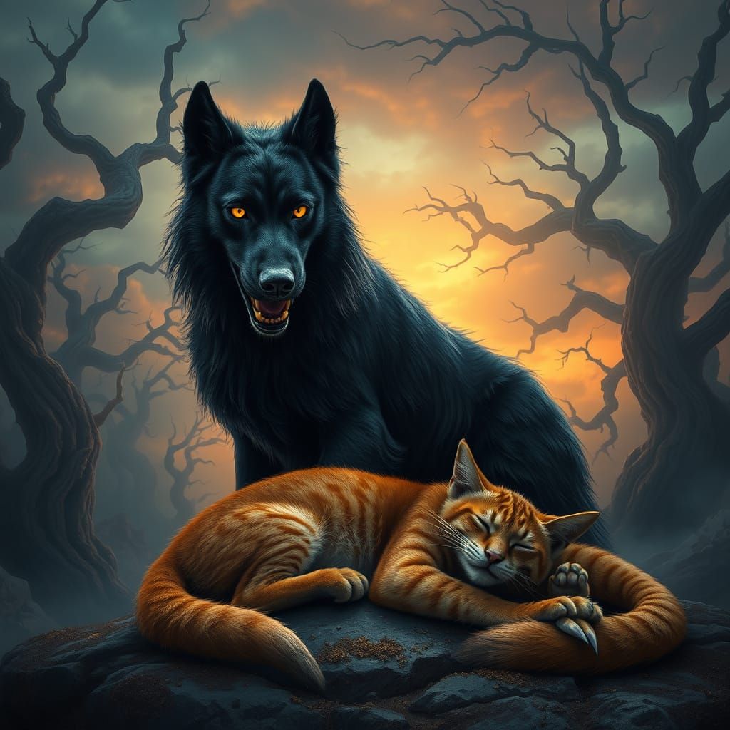 Dark Fantasy Guardians: Majestic Black Dog Protects Slumberi...