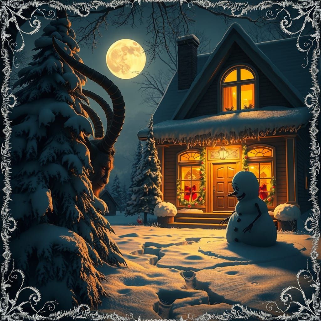 Krampus and Malevolent Snowman in Moonlit Winter Wonderland