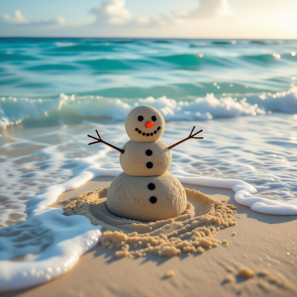 Sand Snowman on Tropical Beach at Golden Hour