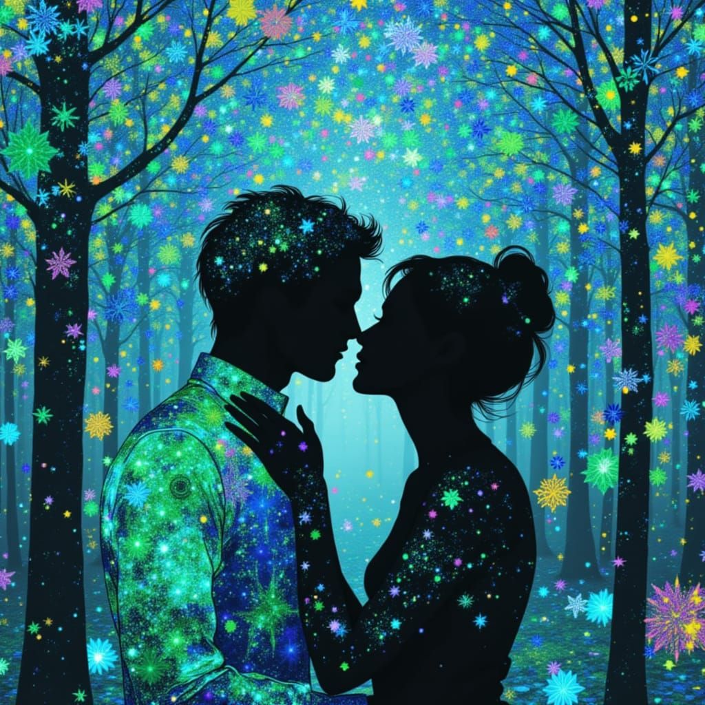 Couple Embracing in Vibrant Green and Blue Hues
