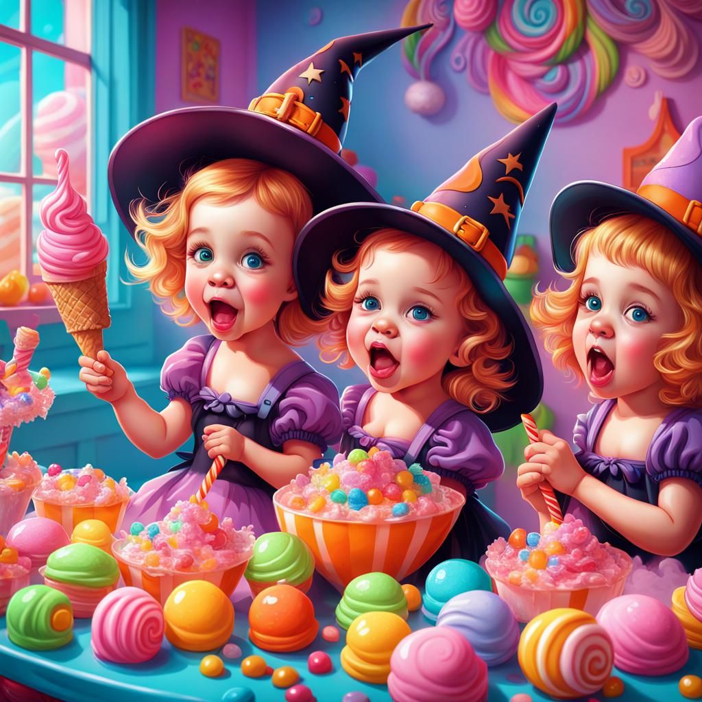 Happy Baby Witches Enjoying Ice Cream in Candyland