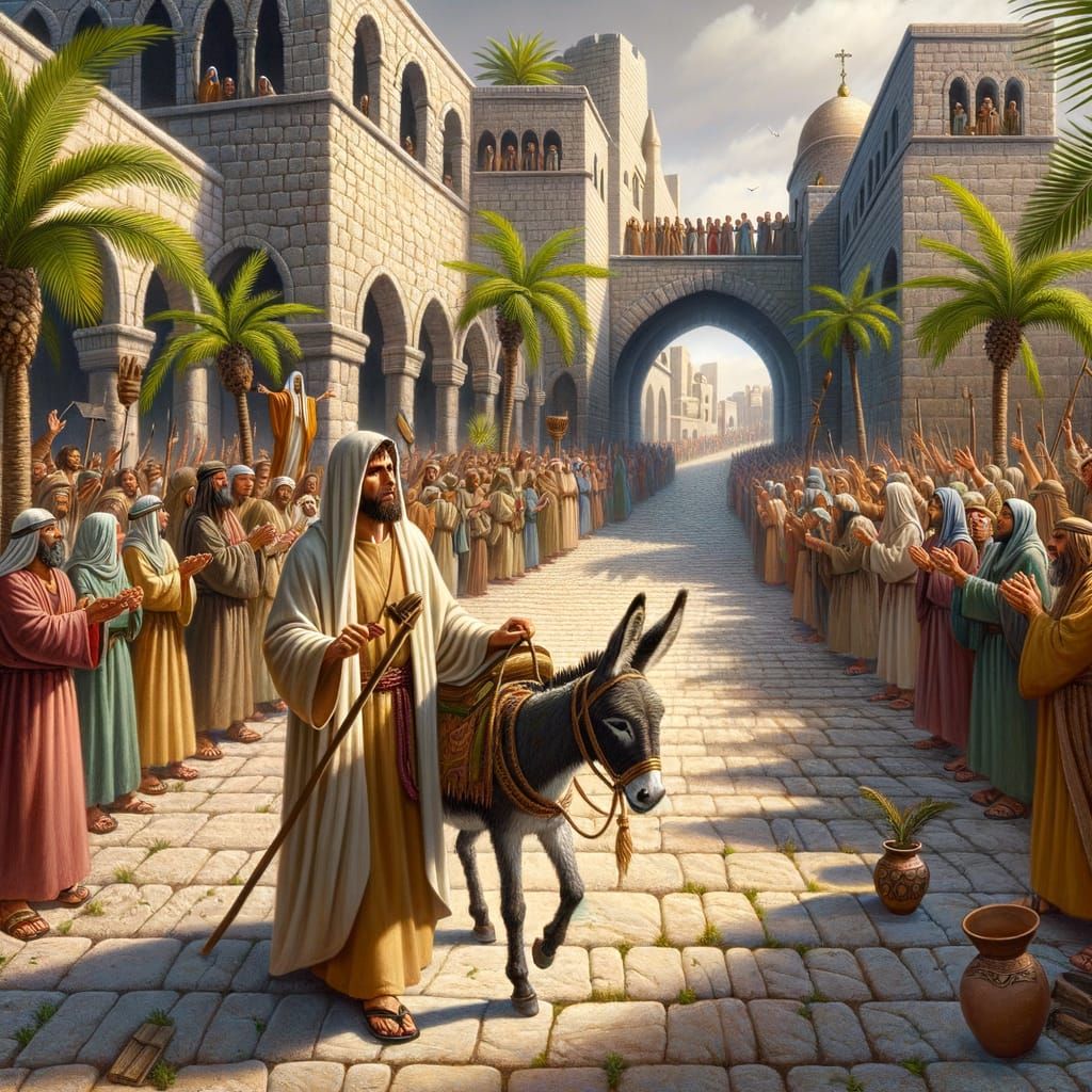 Triumphal Entry: Man on Donkey in Ancient City