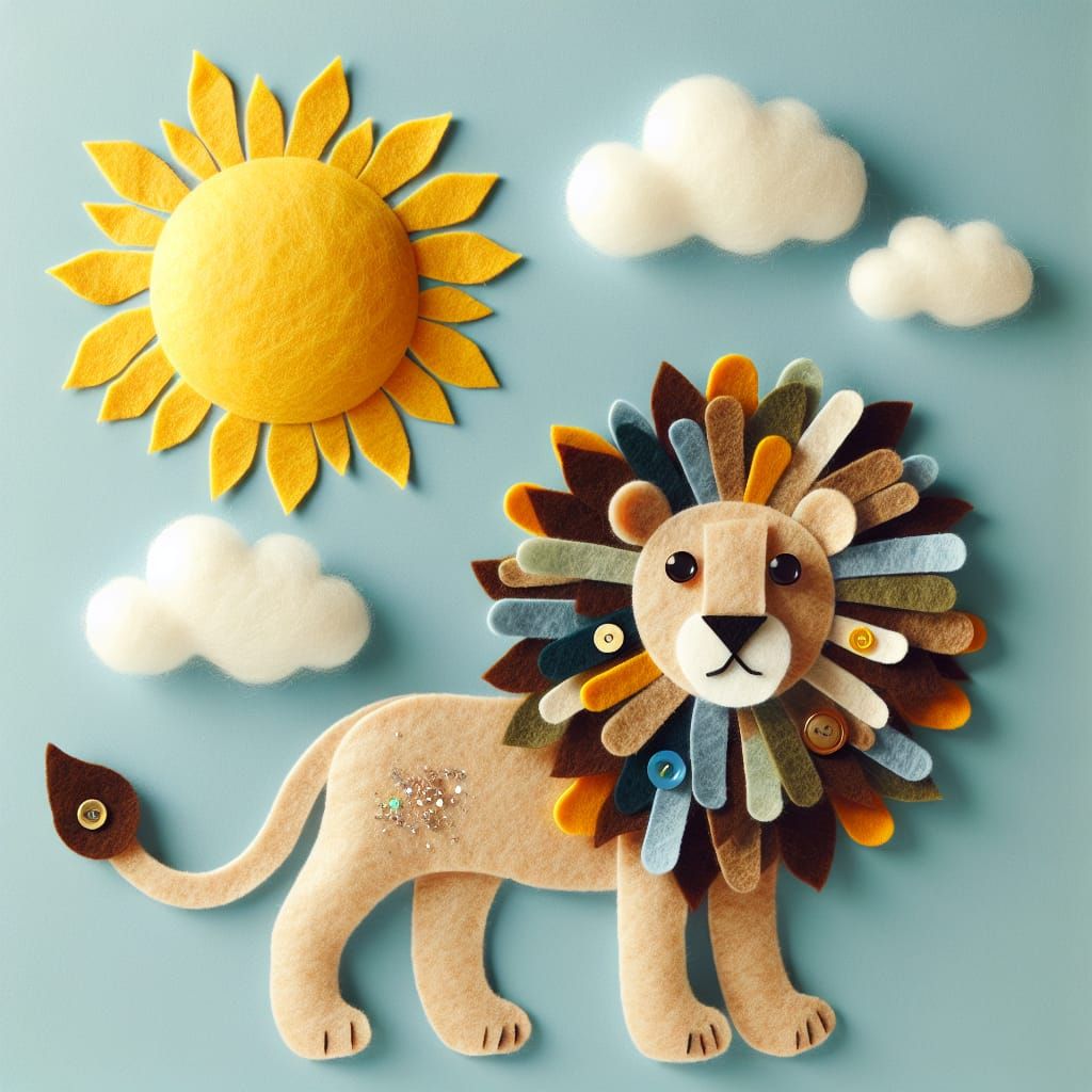 Minimalist Felt Lion Artwork with Button Sun