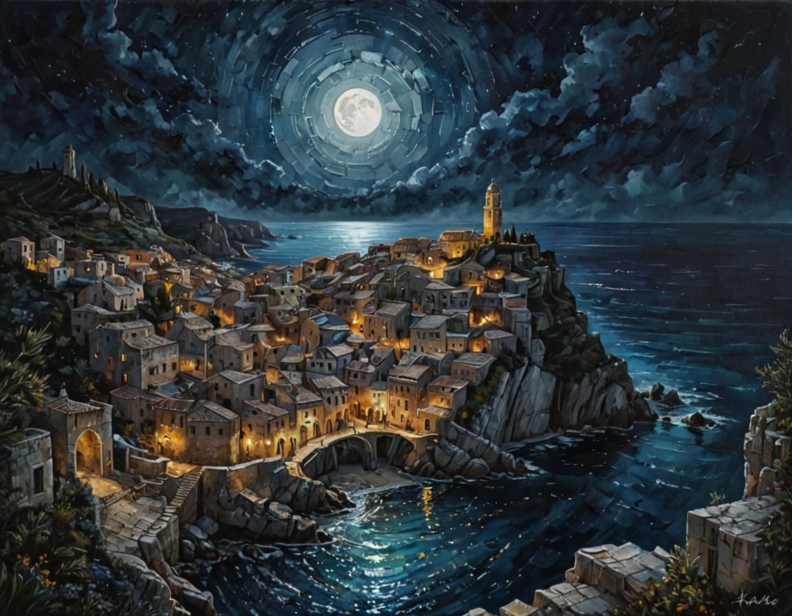 Dragon Over Mediterranean Town: Acrylic Dark Fantasy